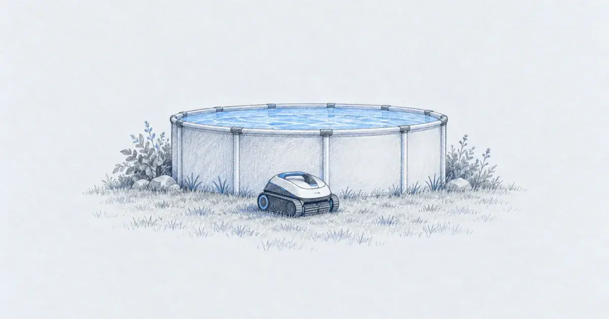Compact robotic pool cleaner beside an above-ground pool on a sunny lawn