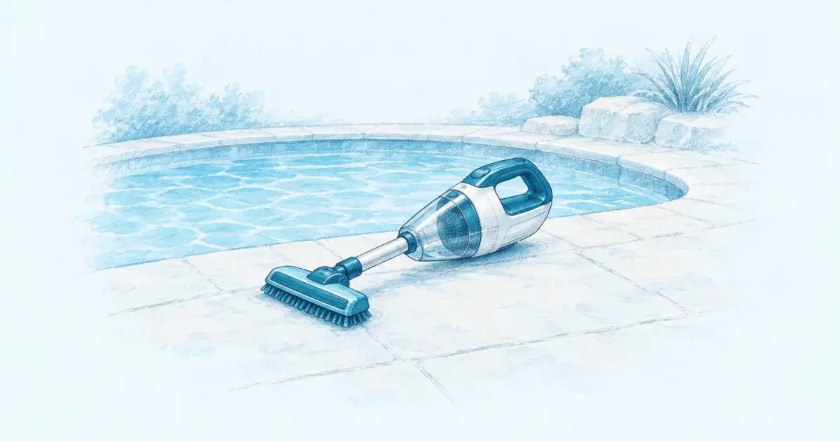 Cordless robotic pool cleaner parked on a pale deck beside still blue water