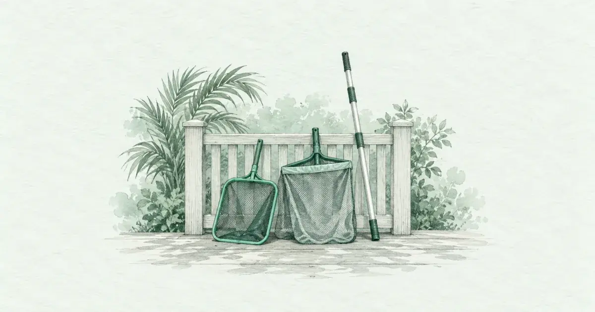 Pool leaf skimmer net and deep rake resting against a deck fence