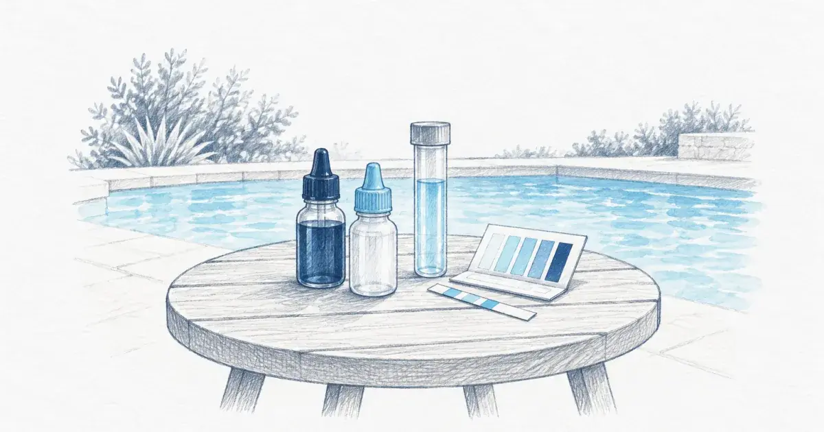 Pool water test kit bottles and strips arranged on a sunny deck table