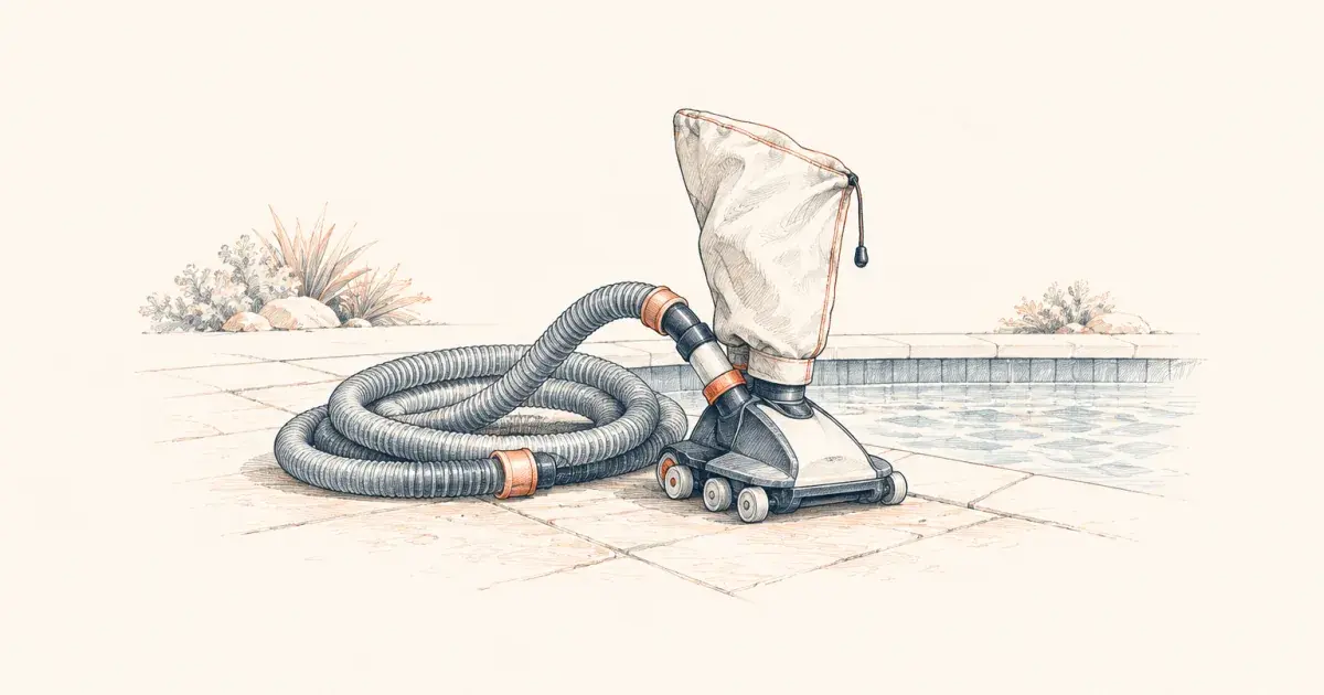 Pressure-side pool vacuum hose and debris bag staged on a pool deck