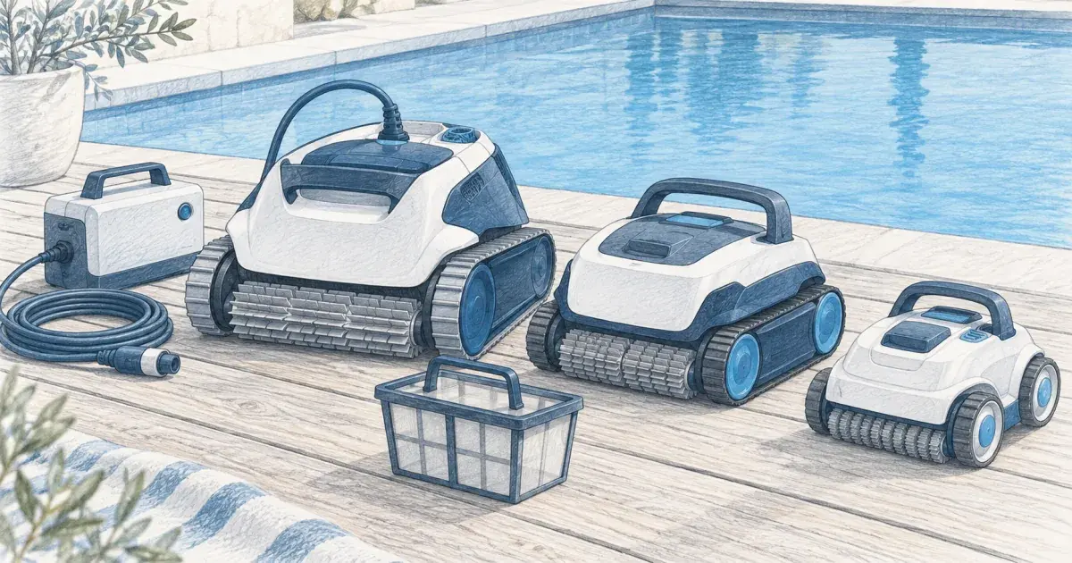 Hand-drawn pencil sketch of three robotic pool cleaners on a sunny backyard deck beside still blue pool water