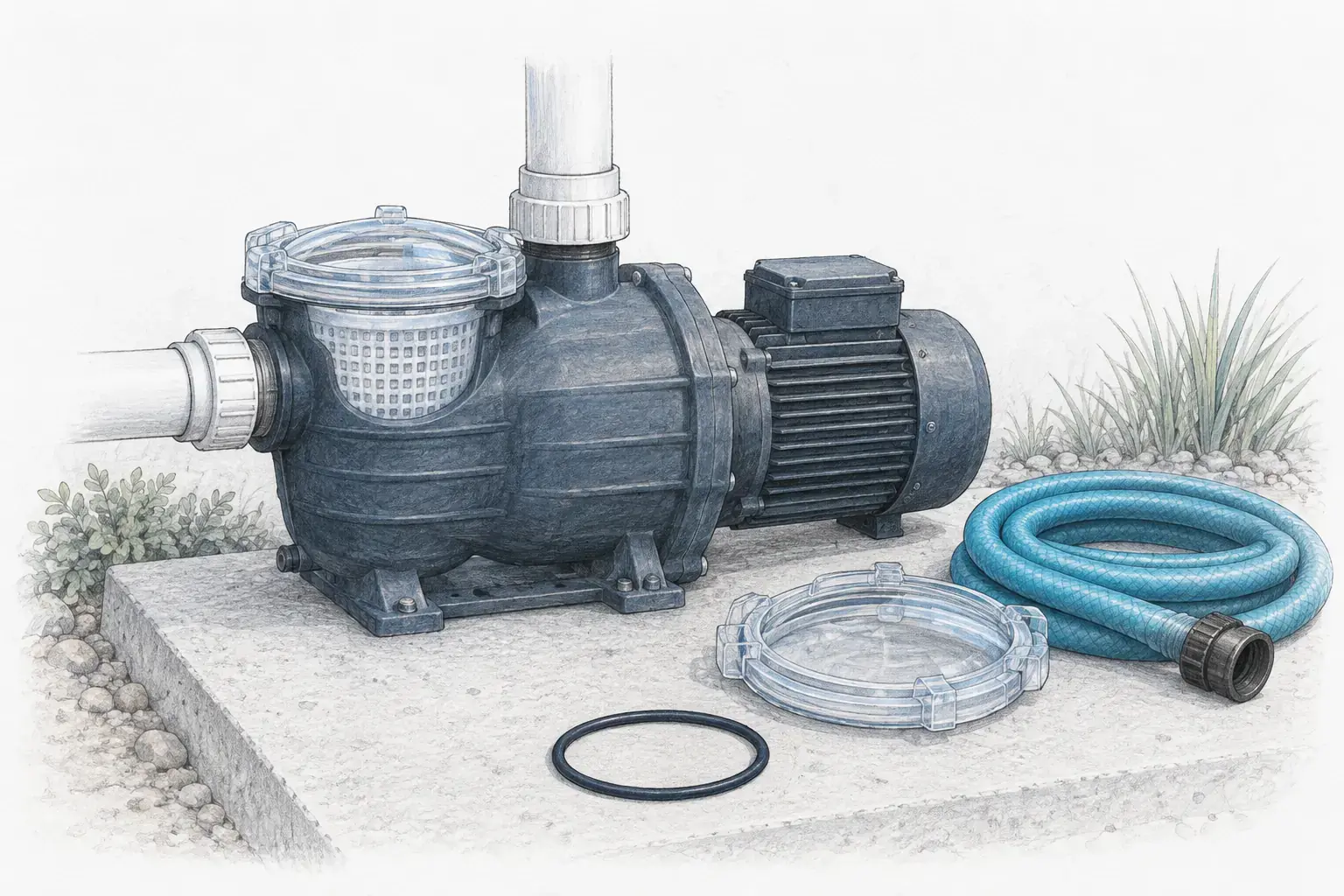 Pencil sketch of a pool pump with the clear strainer lid off beside a garden hose and a lid O-ring on an equipment pad