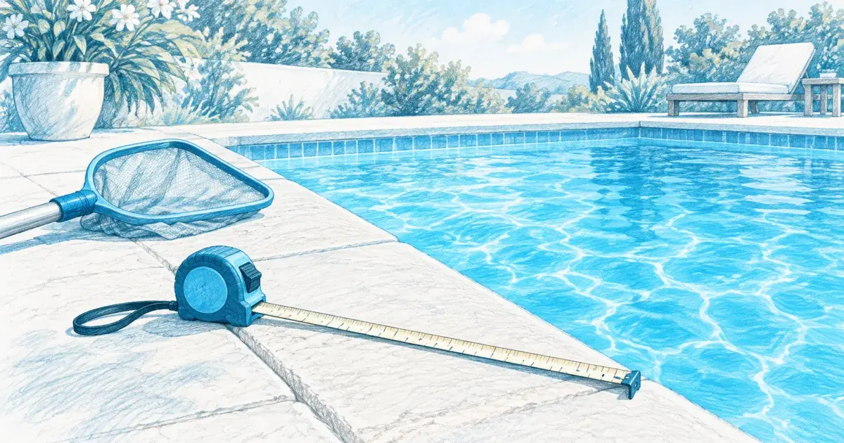 Pool volume calculator beside a measuring tape and a clear backyard pool