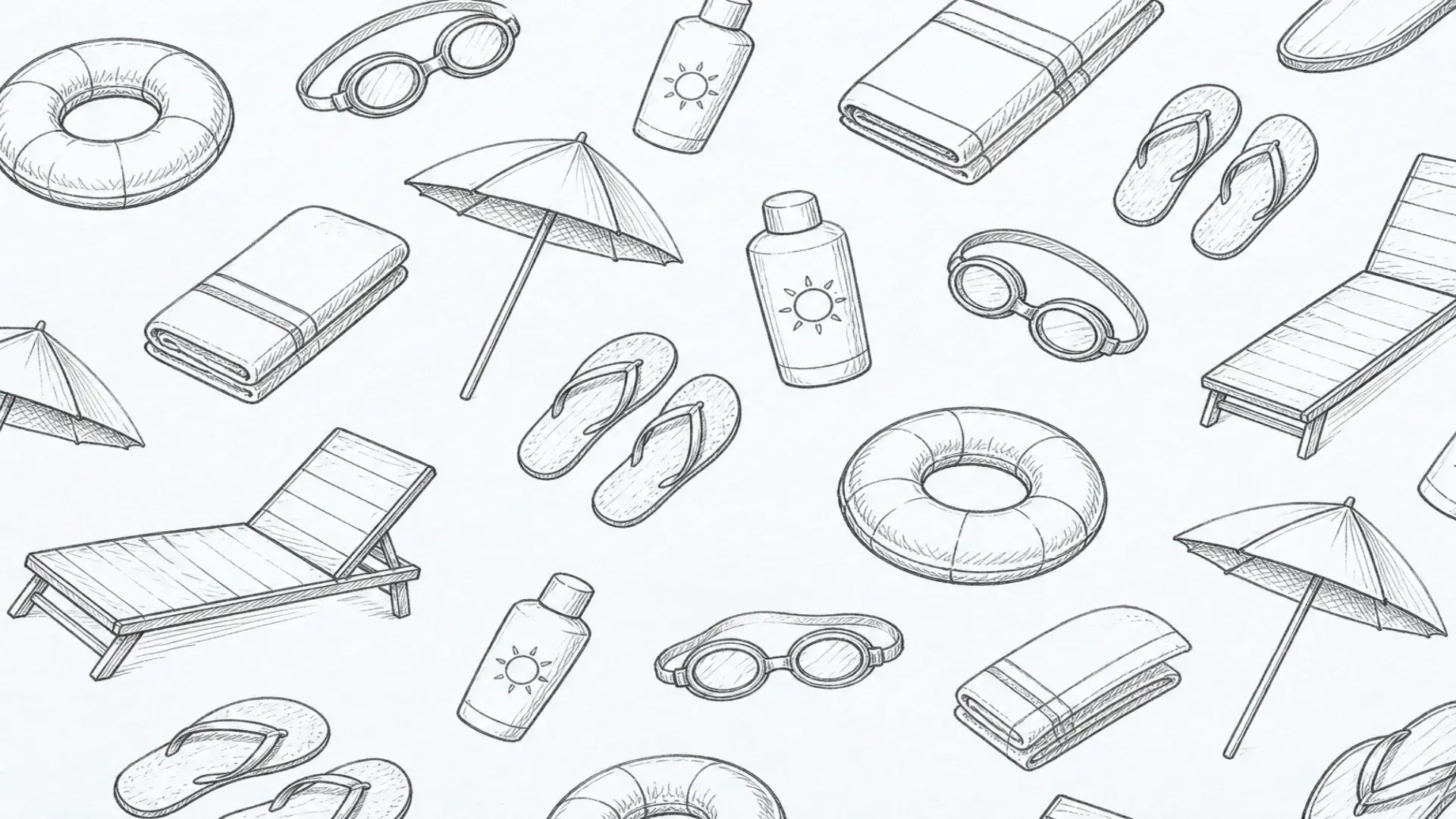Monochrome pencil sketch pattern of pool and patio gear on ice cream paper