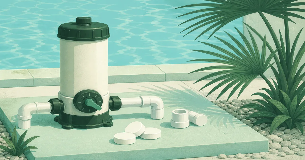 In-line automatic chlorine feeder cylinder with dial valve on a mint pool equipment pad beside PVC fittings