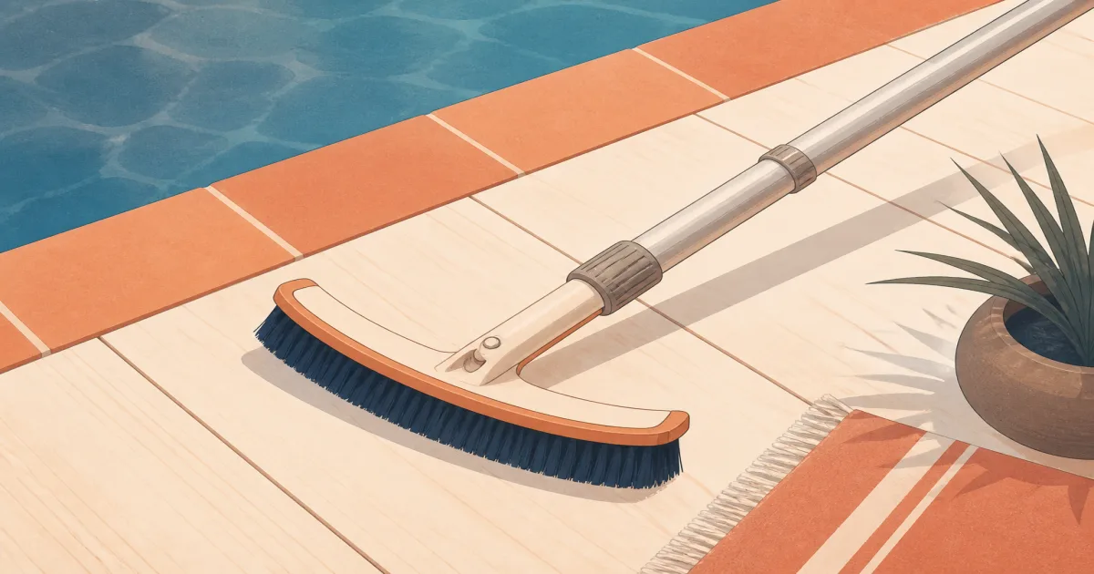 Curved nylon pool brush head and telescopic pole on a sunny deck