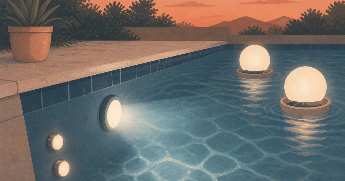 Three colorful pool lights glowing beside a backyard pool at dusk