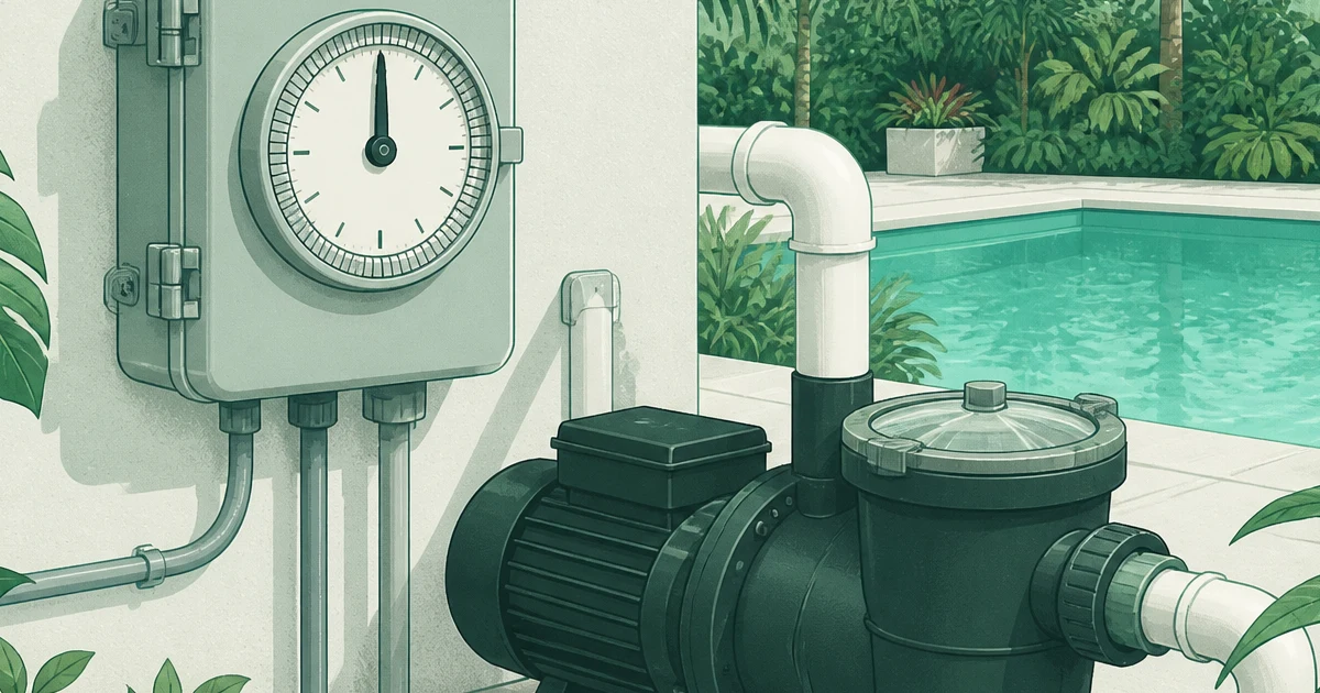 Mechanical pool pump timer mounted beside a pool pump on an equipment pad