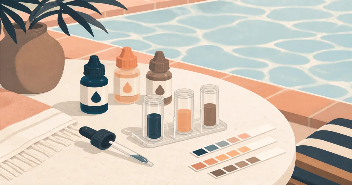 Pool water test kit bottles and strips arranged on a sunny deck table