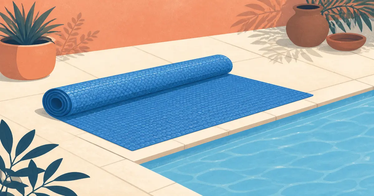 Blue solar bubble pool cover partially unrolled on a sunny deck beside calm water