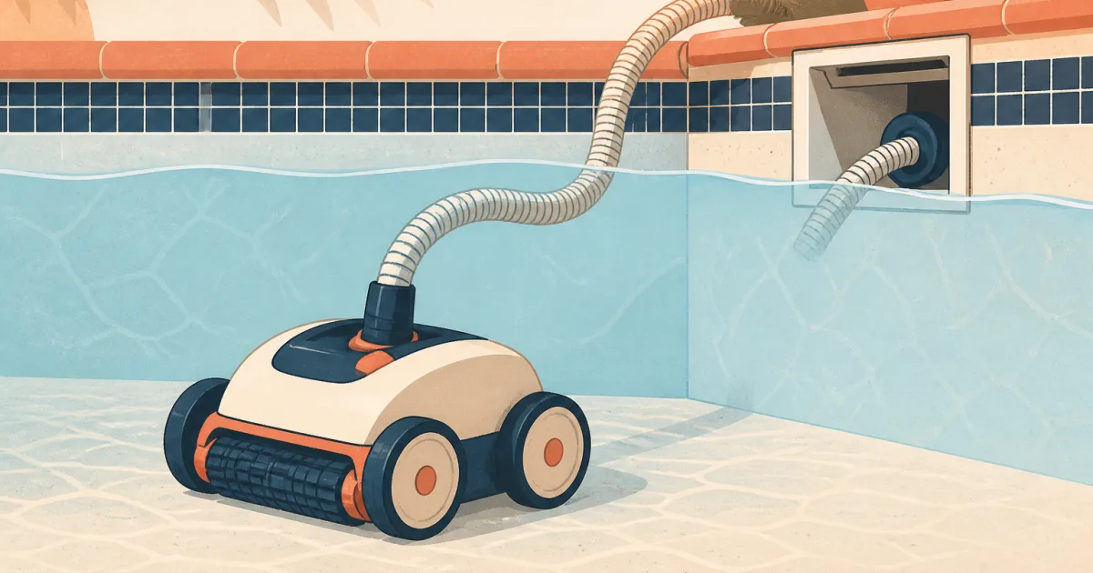 Wheeled suction pool cleaner connected to a skimmer hose in an in-ground pool