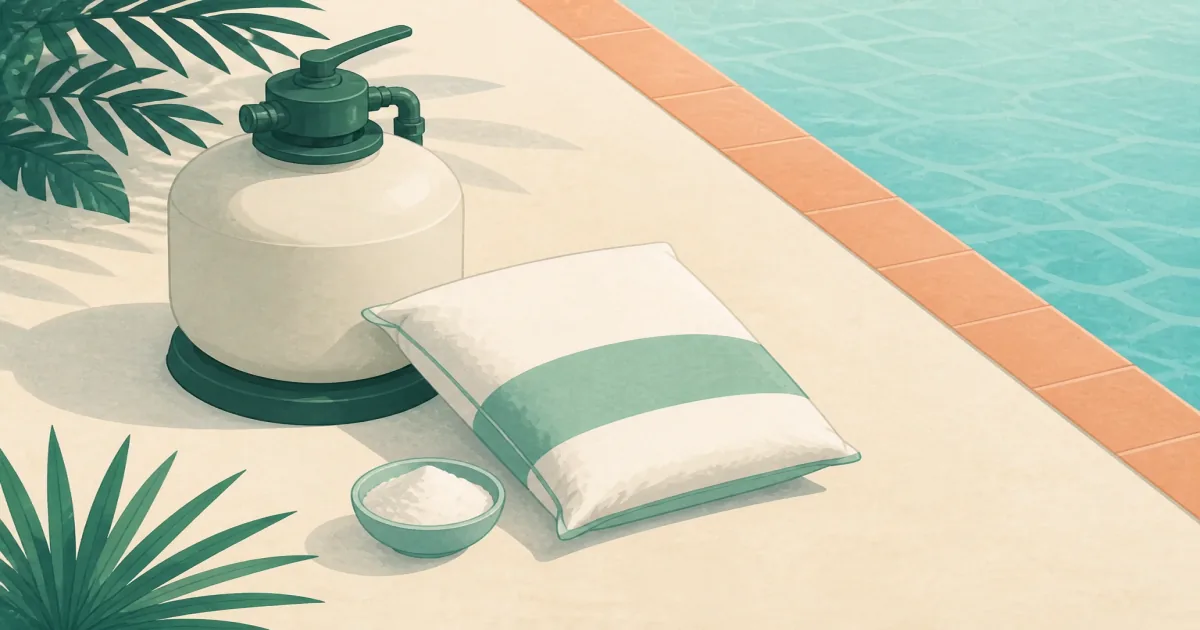 Bag of diatomaceous earth pool filter powder beside a DE filter tank on a sunny deck