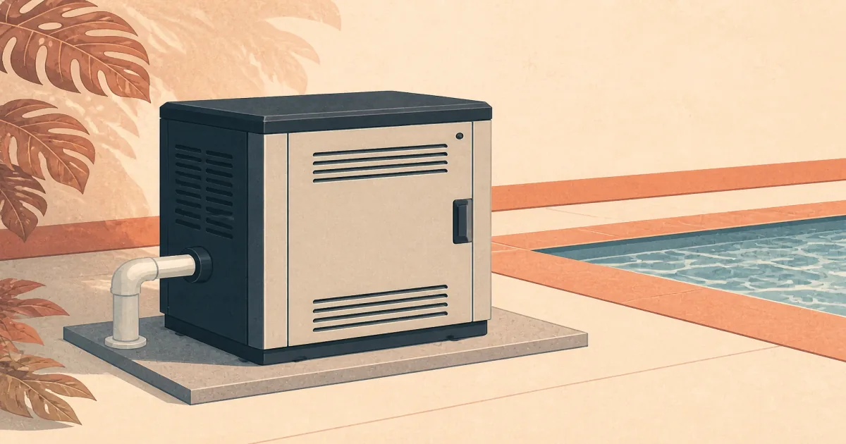 Natural gas pool heater cabinet on a concrete pad beside an in-ground backyard pool