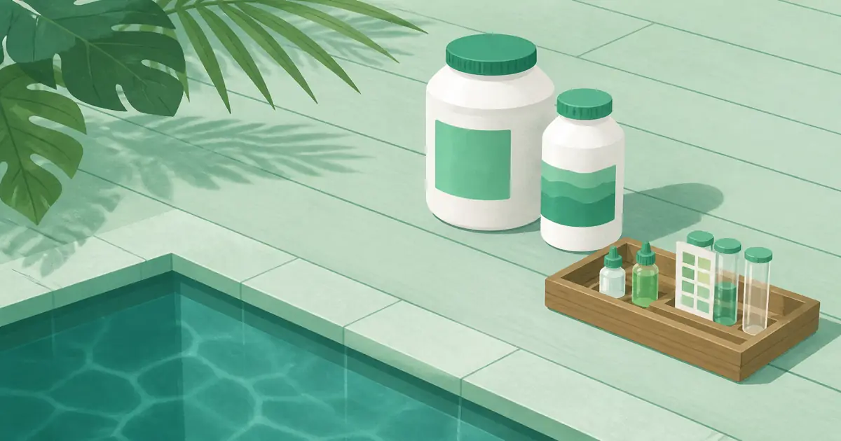 Two pool algaecide bottles on a mint deck beside still blue-green water