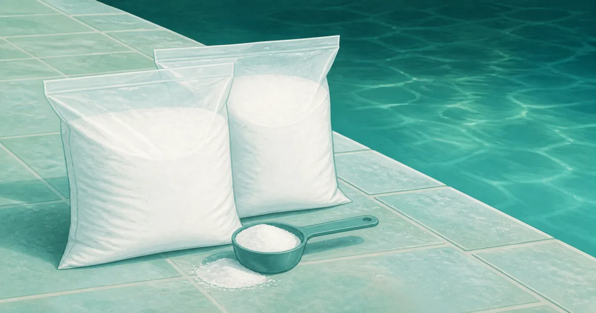 Alkalinity increaser bag and scoop beside still lagoon-blue pool water