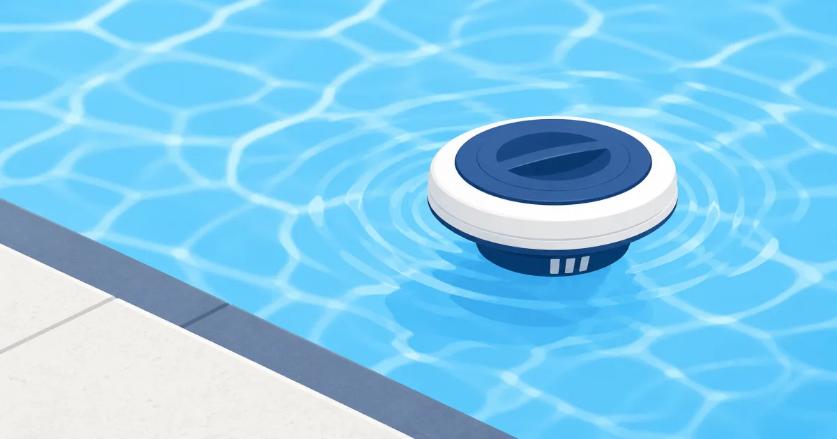 Floating chlorine tablet dispenser on blue pool water near the deck edge