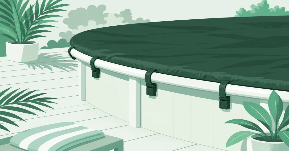 Pool cover clips fastened along an above-ground pool top rail holding a winter cover