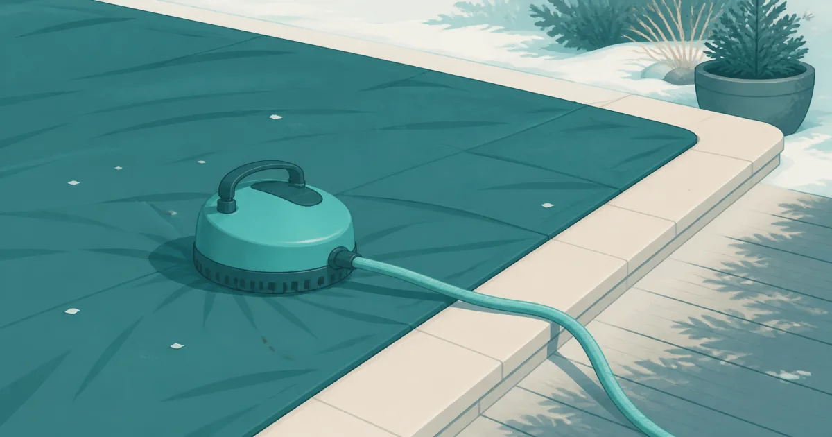 Automatic pool cover pump staged on a winter pool cover with hose nearby