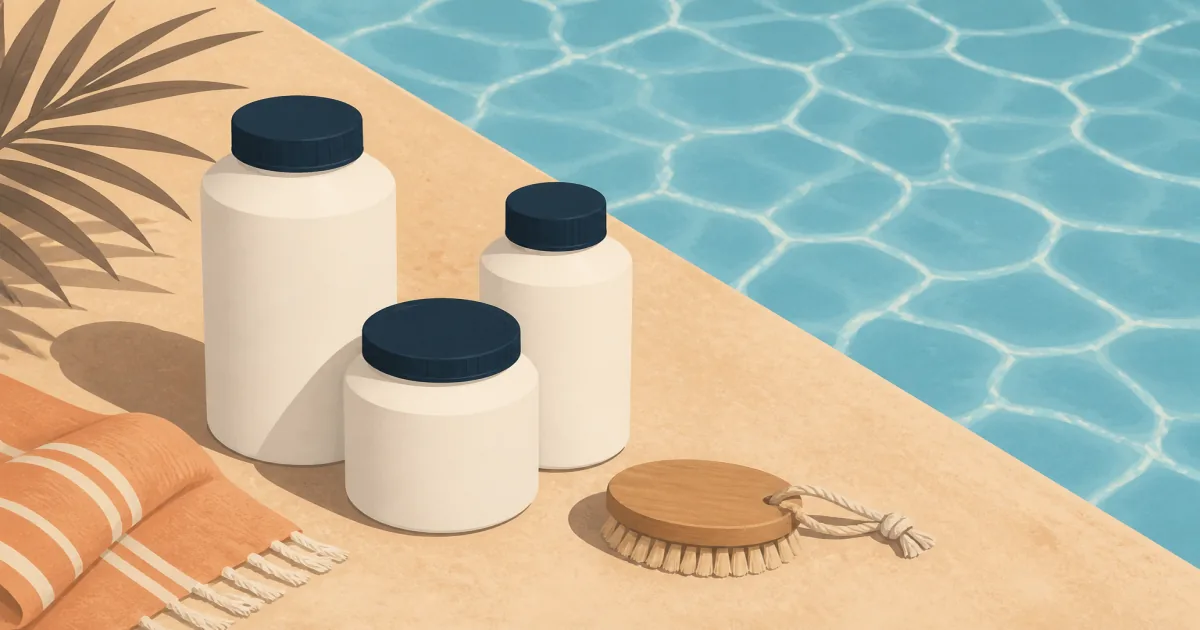 Three pool enzyme bottles on a warm sand deck beside clear blue backyard pool water