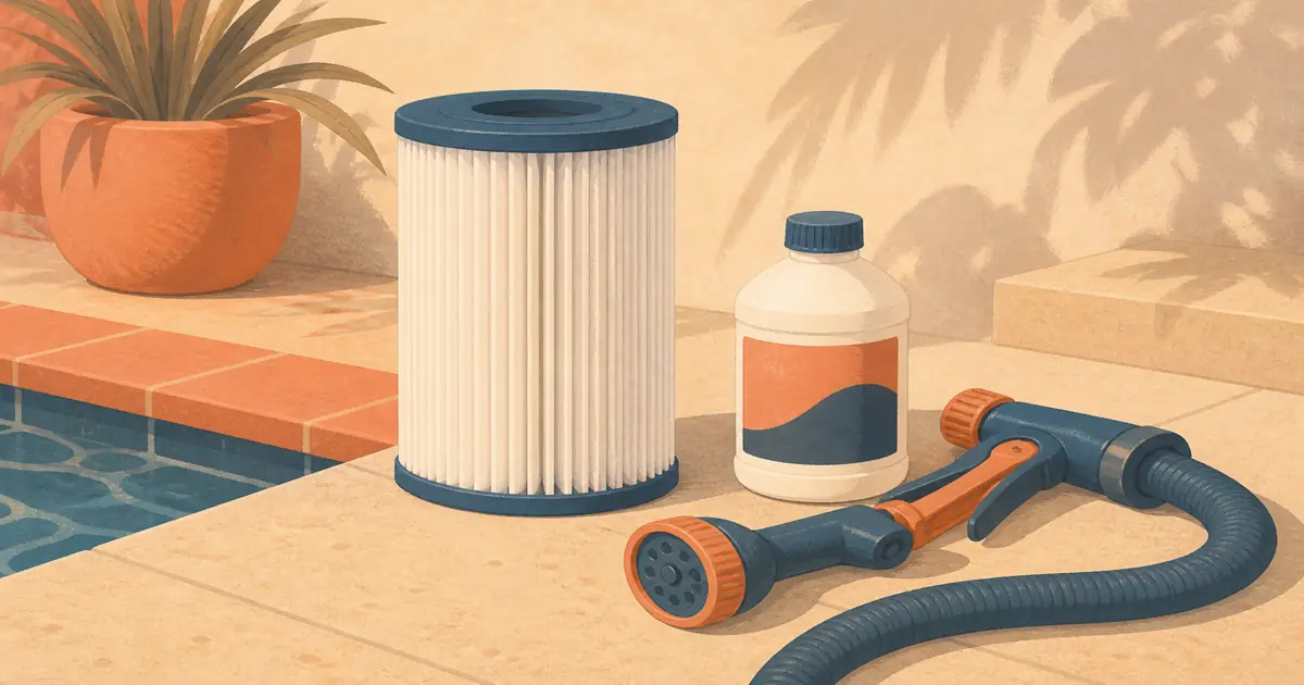 Pool filter cartridge, cleaner bottle, and hose tool on a warm deck