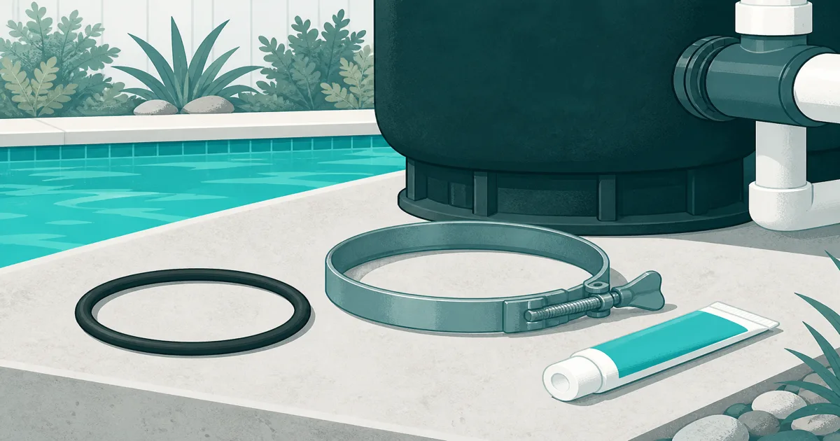 Black pool filter O-ring and tank clamp beside pool equipment