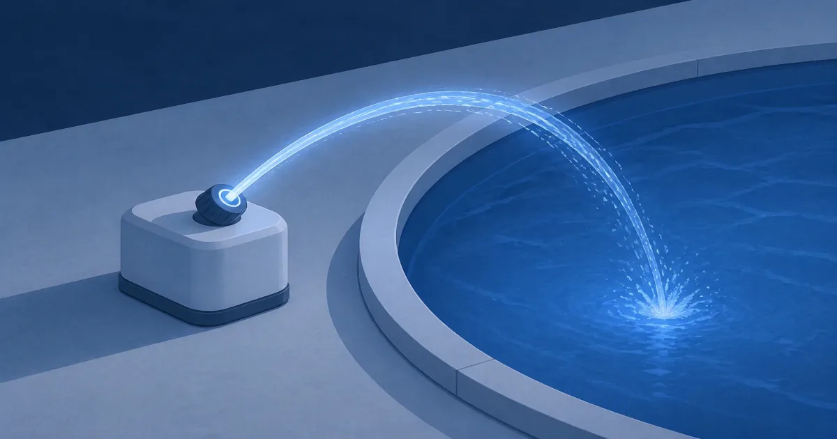 LED pool fountain spraying an illuminated water arc into an above-ground pool at dusk