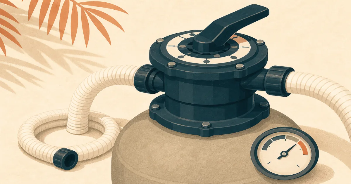 Pool multiport valve handle and pressure gauge on a sand filter at the equipment pad