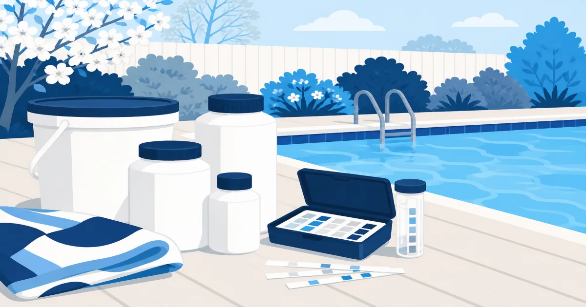 Pool opening kit bottles and test strips on a deck beside an uncovered backyard pool in spring
