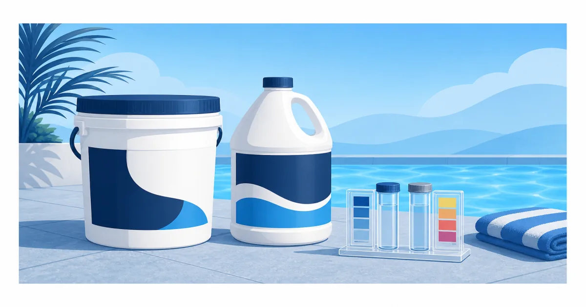 Dry acid and muriatic acid containers beside a test kit on a blue pool deck