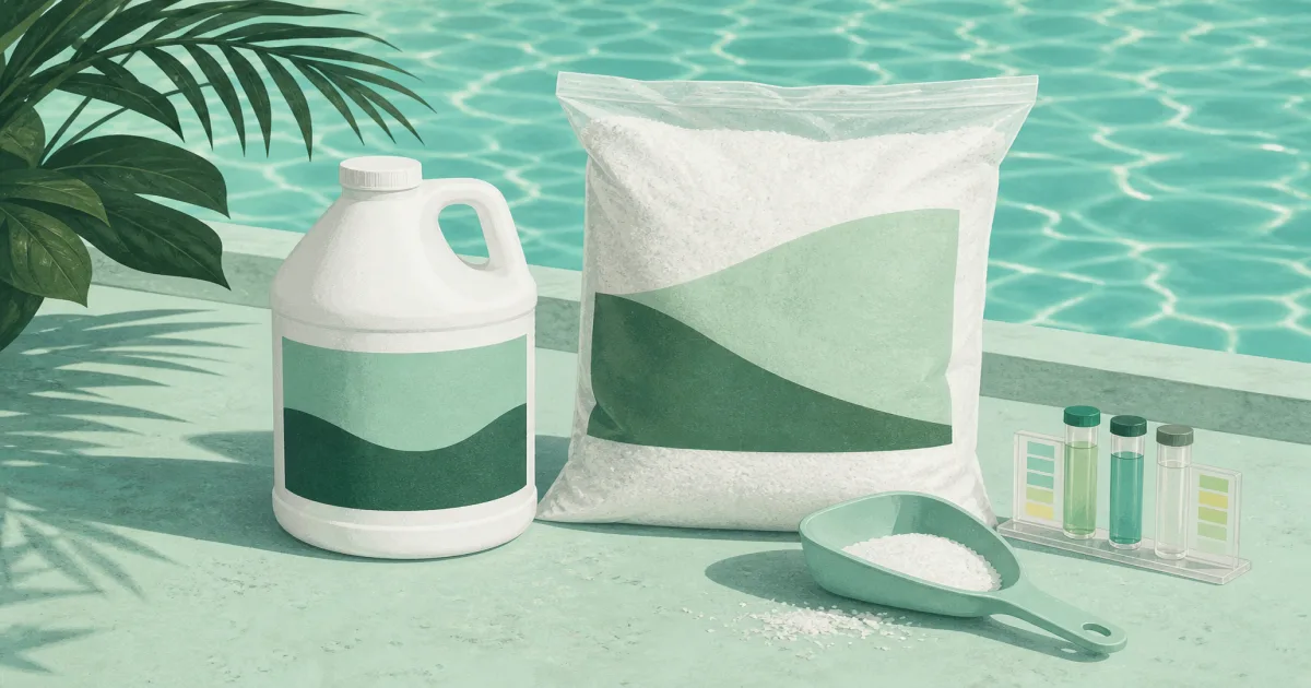pH increaser jug and scoop beside a test kit on a mint green pool deck
