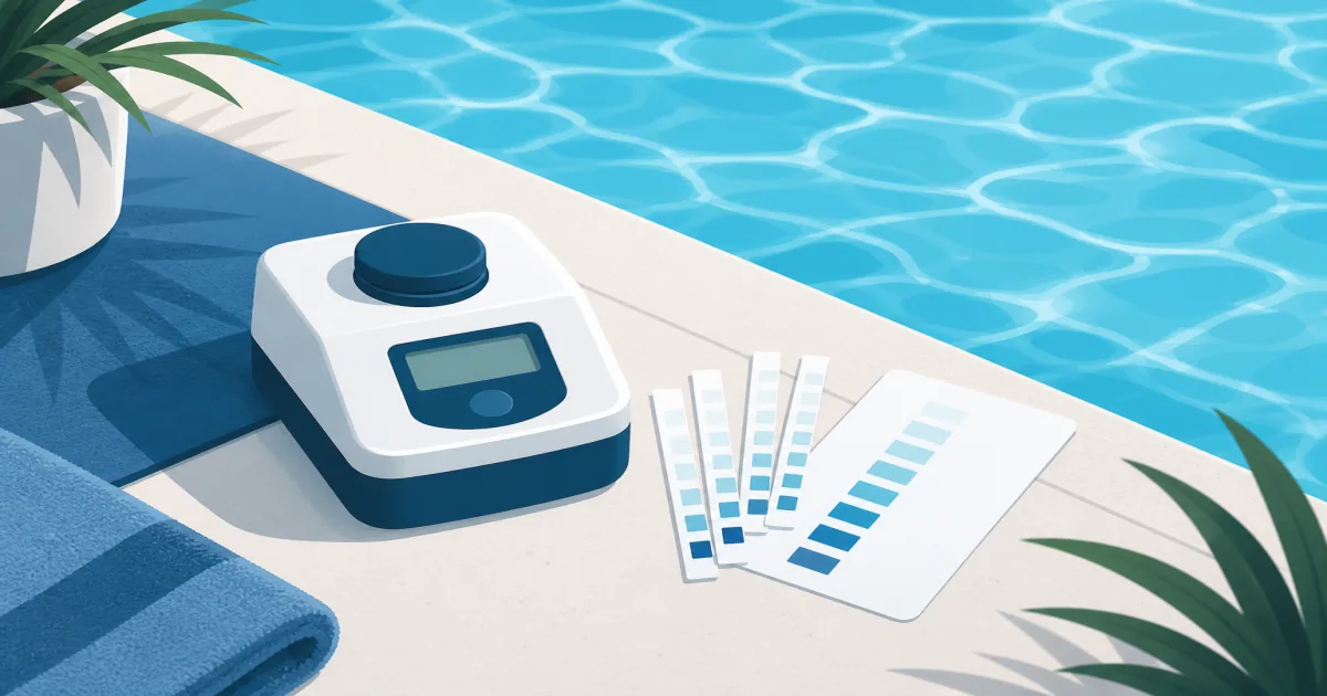 Pool phosphate test kit strips and photometer tools arranged beside clear blue water