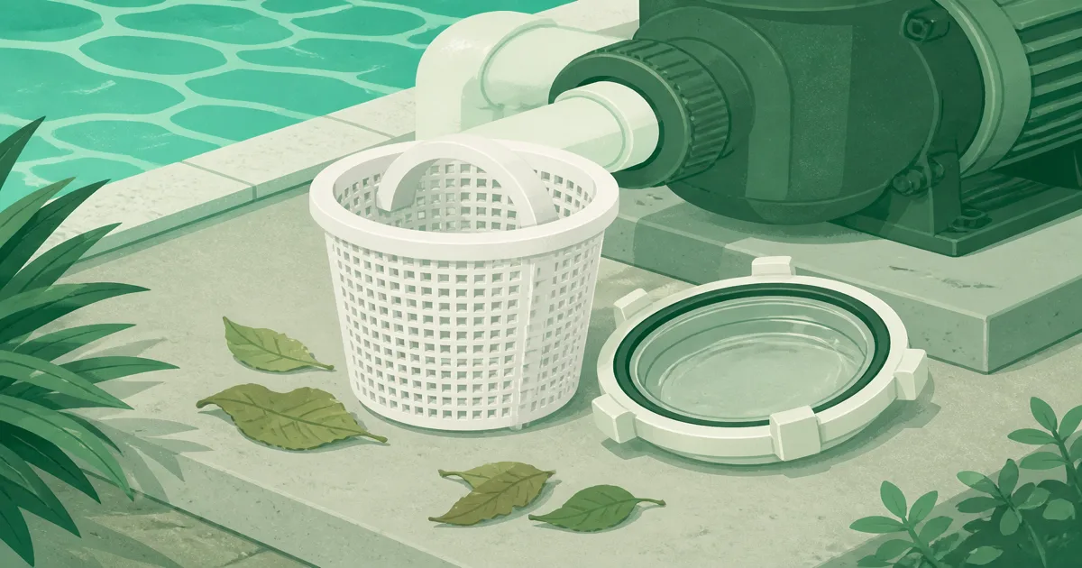 Replacement pool pump basket beside an open pump lid