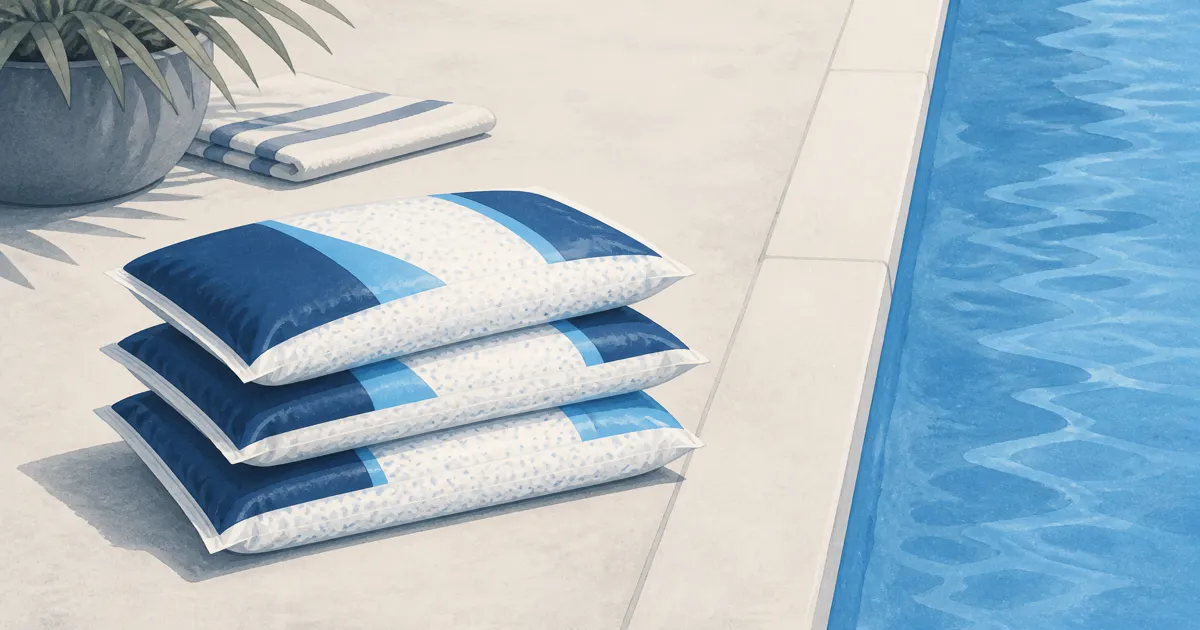 Stack of pool shock bags on a pale deck beside a calm blue pool edge