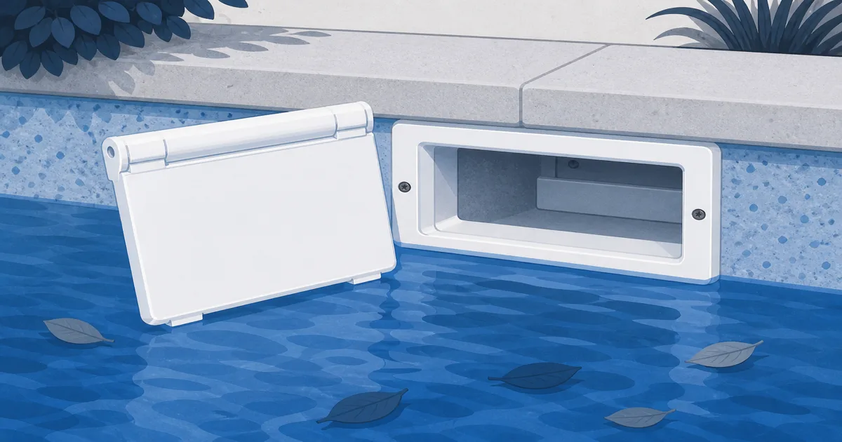 White replacement pool skimmer weir beside a pool wall skimmer