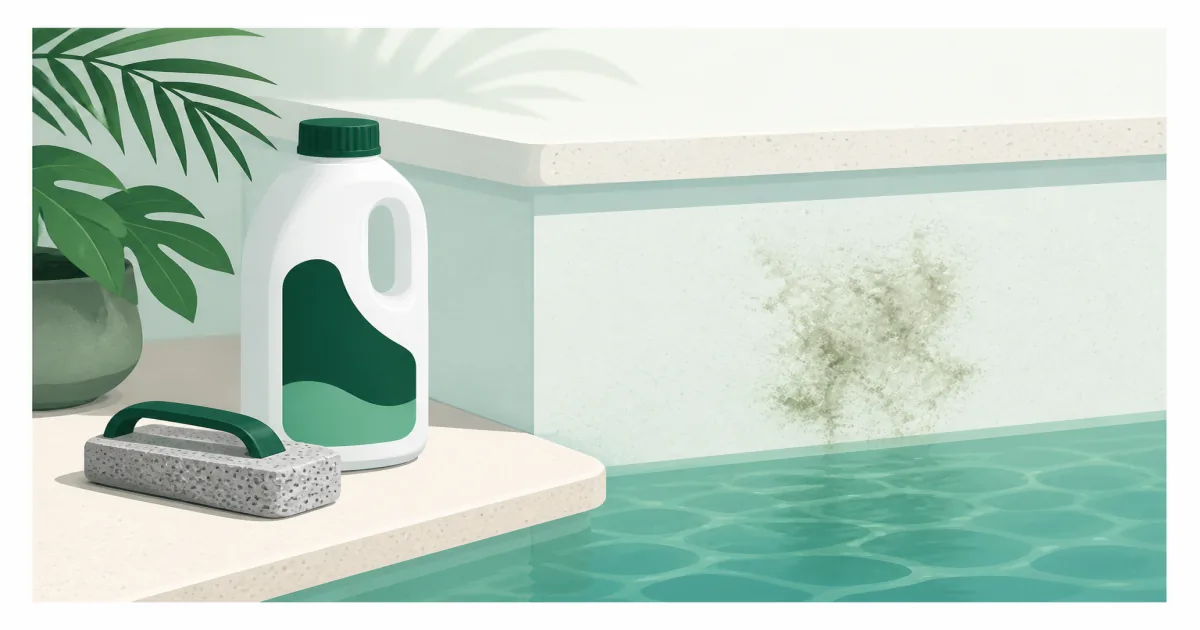 Pool stain remover bottle and pumice tool beside a plaster pool with a small stain mark