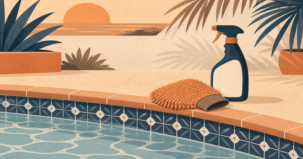 Pool tile cleaner spray and scrub mitt on the waterline of a tiled backyard pool