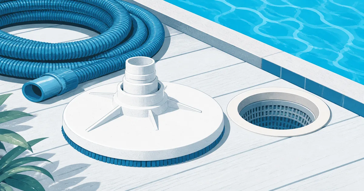 White skimmer vacuum plate and blue pool vacuum hose beside a pool